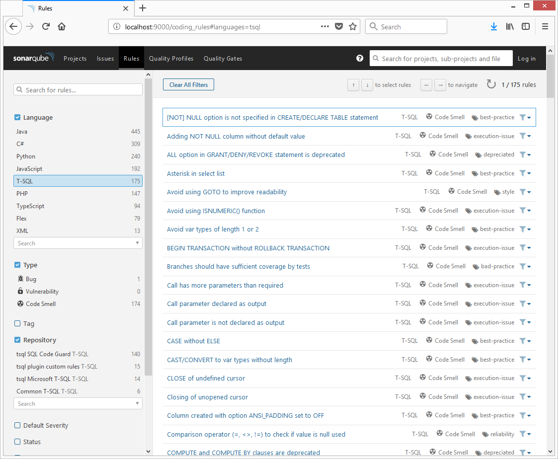 TSQL rules in SonarQube