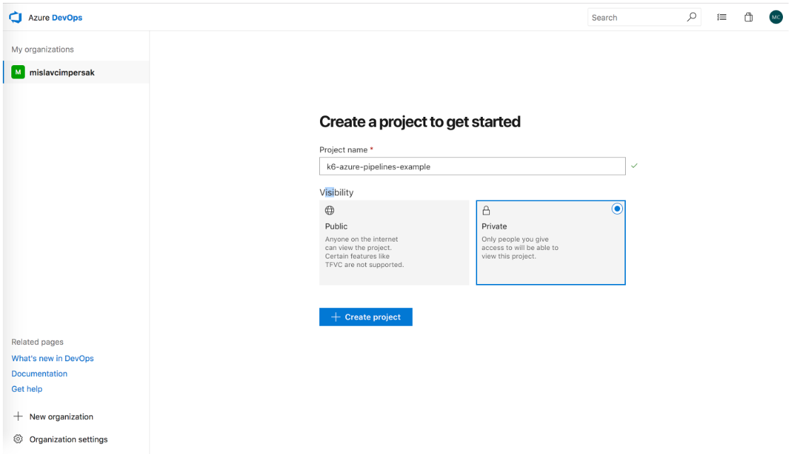 Azure DevOps Create Project Screen