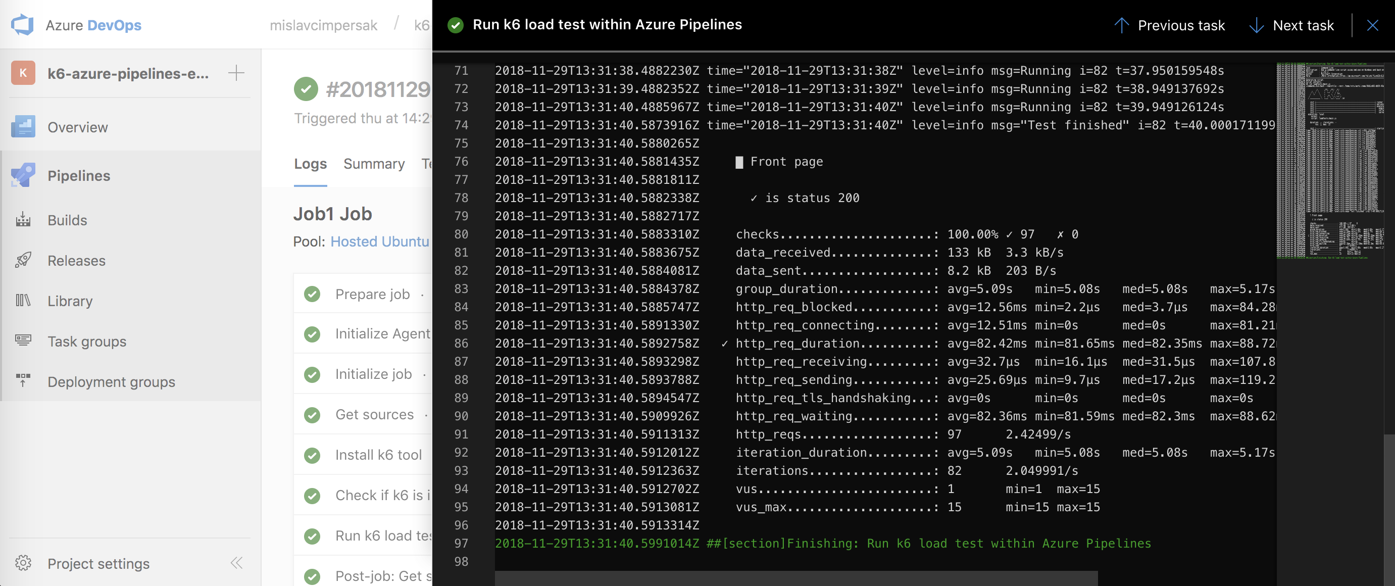 k6 load test run from Azure Pipelines