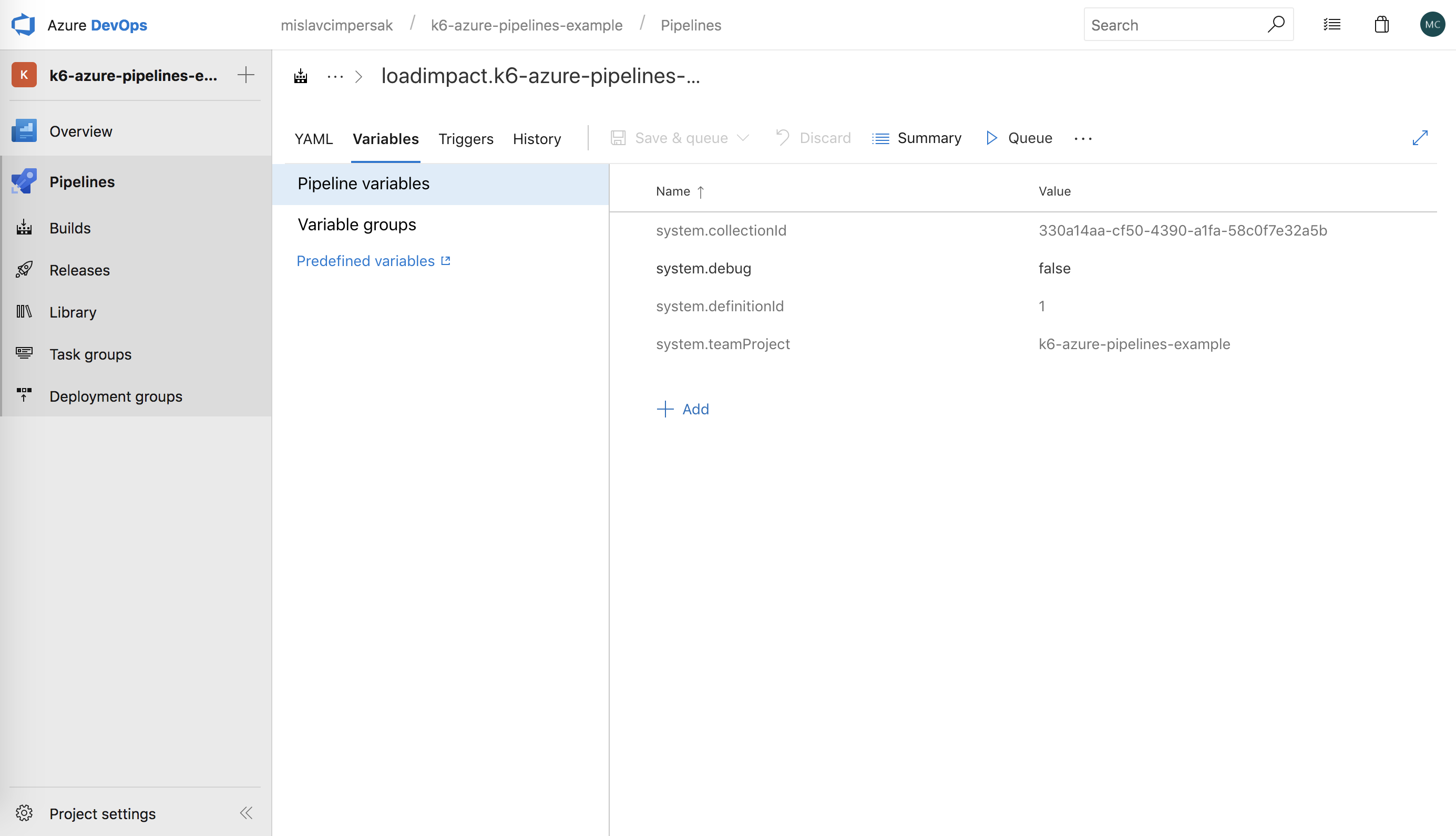 Azure Pipelines Variables Screen