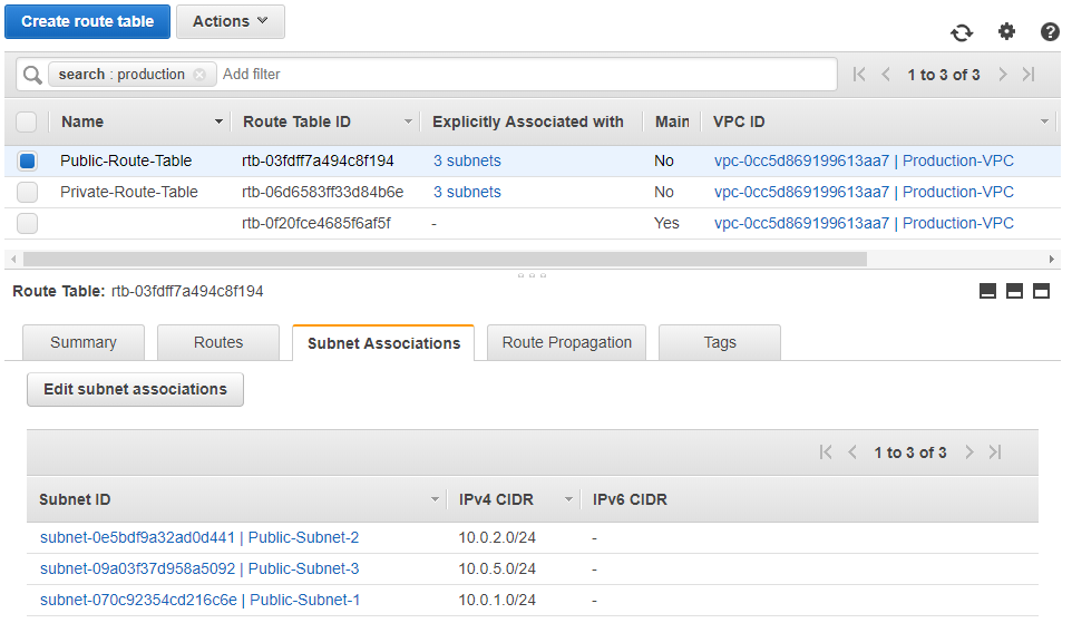 Public Route Table Associations: AWS Console