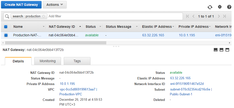 NAT Gateway: AWS Console