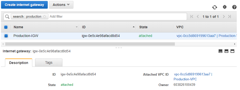 Internet Gateway: AWS Console