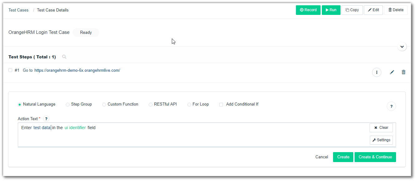 Second Step - Enter Test Data - Testsigma