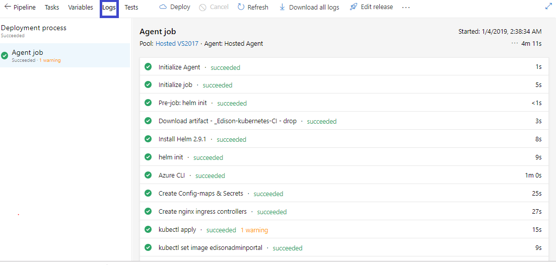 Verifying task logs for Build (CI) and release pipeline (CD)