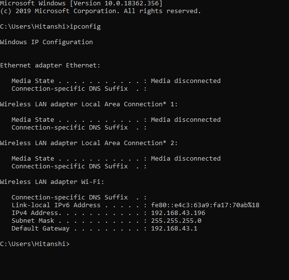 Selecting IPv4 of Wireless LAN adapter Wi-Fi Selecting IPv4 of Wireless LAN adapter Wi-Fi