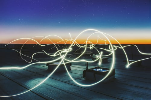 Squiggly connected lights on rooftop
