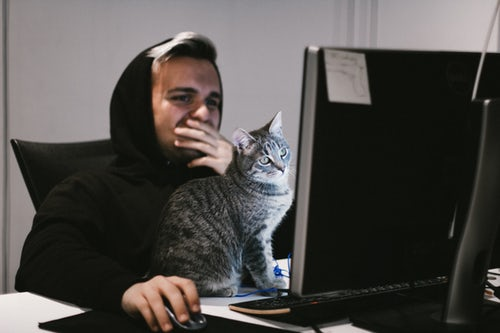 Man sitting at computer with his cat on the desk