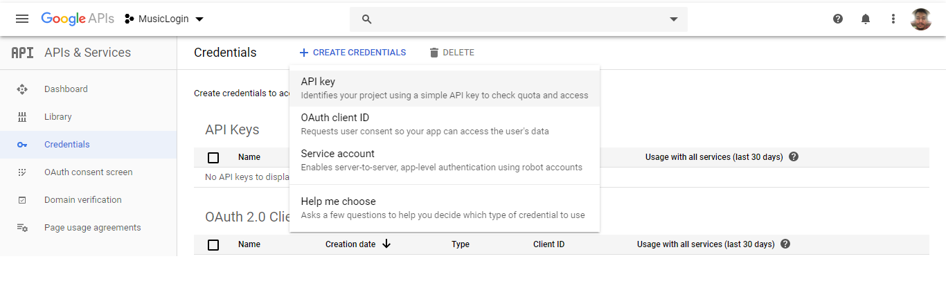Google API Console Credentials
