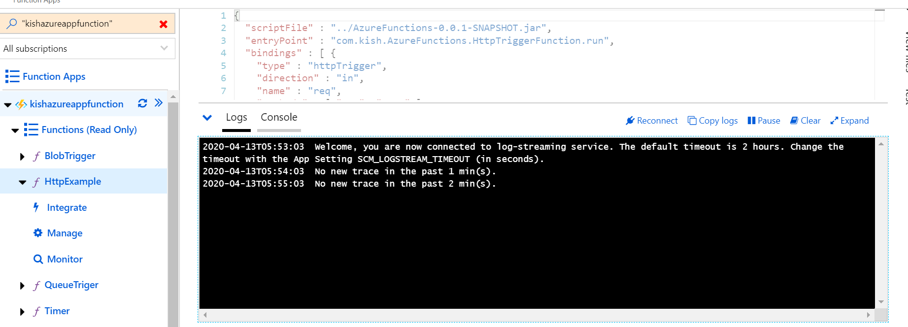 Log console output