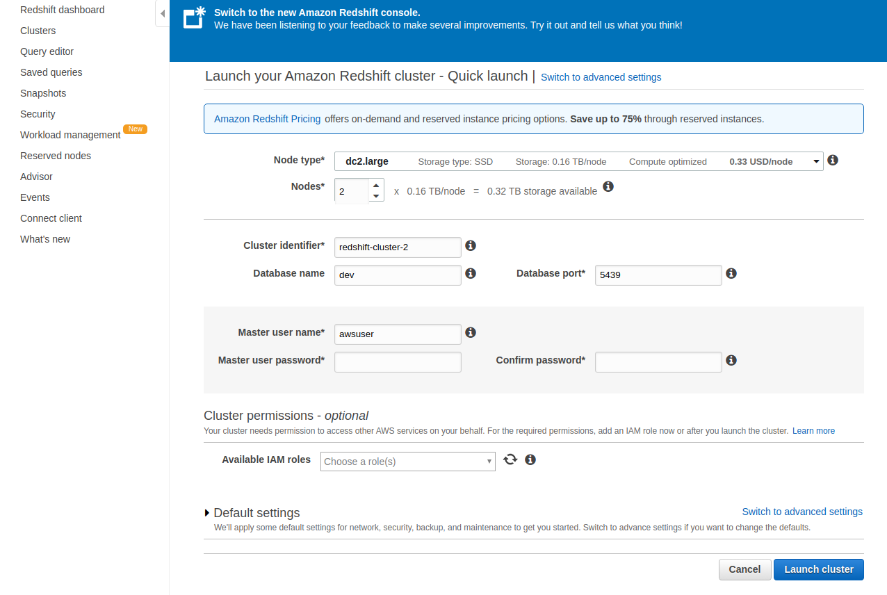 create table redshift