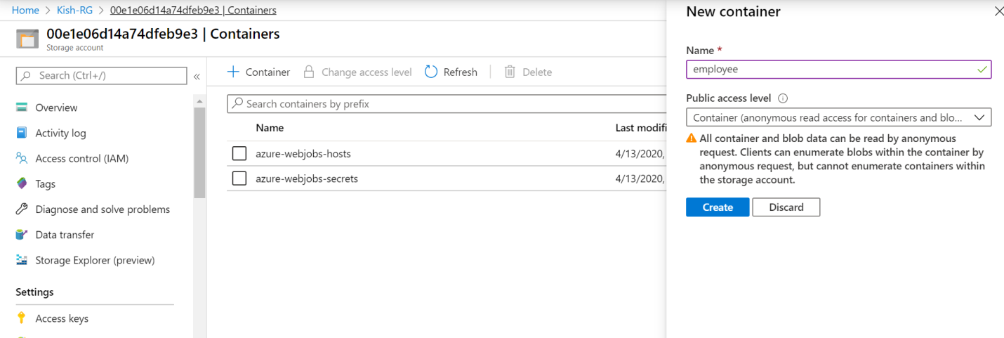 Creating a new blob container
