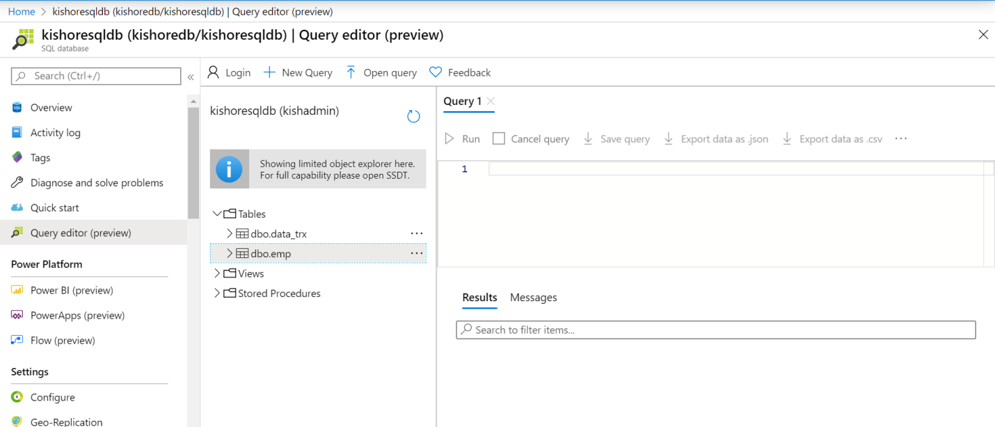 Creating database in Azure