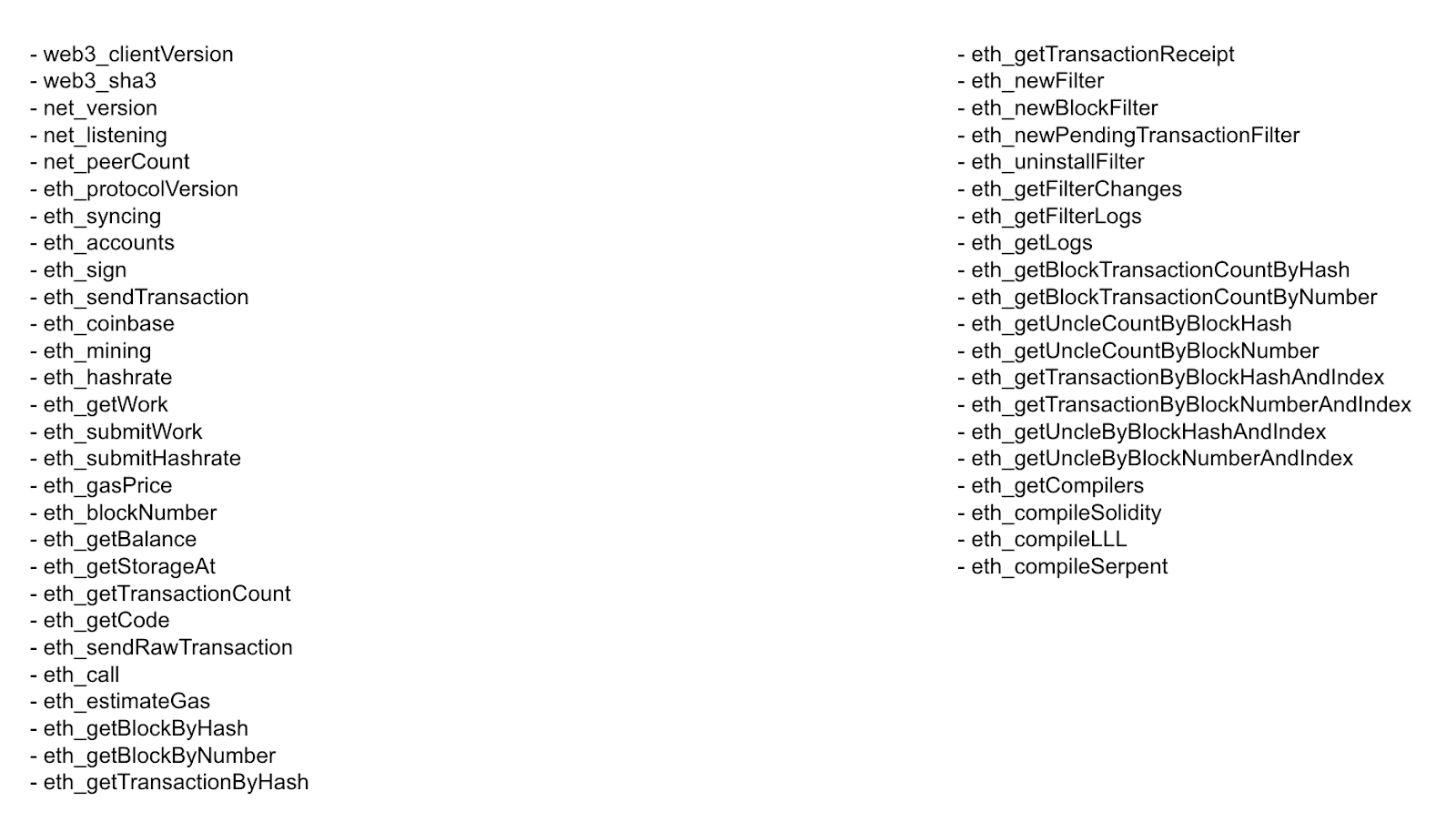 Ethereum method list