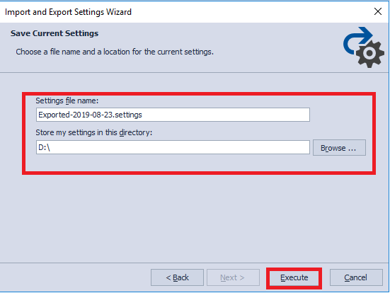 Setting up the file’s destination for exported settings and launching the export process