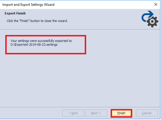 Finishing the settings export process