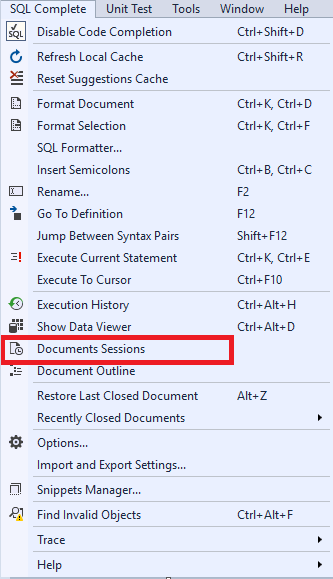 Selecting the “Documents Sessions” command in the SQL Complete Main Menu