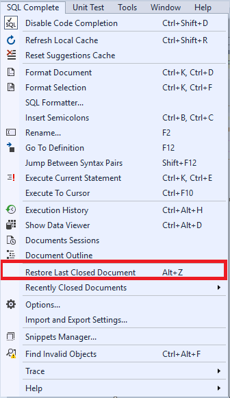 Selecting the “Restore Last Closed Document” command in the SQL Complete Main Menu
