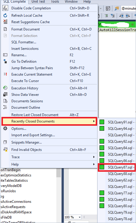 Selecting the “Recently Closed Documents” command in the SQL Complete Main Menu