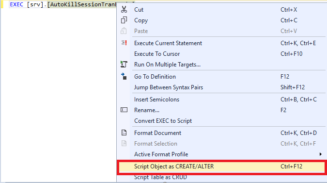 Selecting the “Script Object as CREATE/ALTER” in the context menu