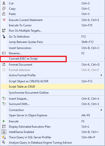 Selecting the “Convert EXEC to Script” command in the SQL Complete main menu