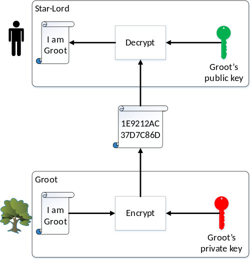 Groot encrypts the message “I am Groot” via his private key. Star-Lord validates it came from Groot using Groot’s public key.