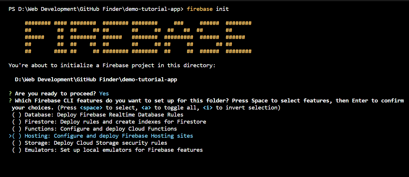 firebase home page - select, hosting: configure and deploy Firebase Hosting sites