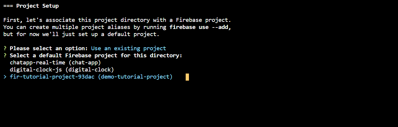 select: fir-tutorial-project-93dac (demo-tutorial-project)