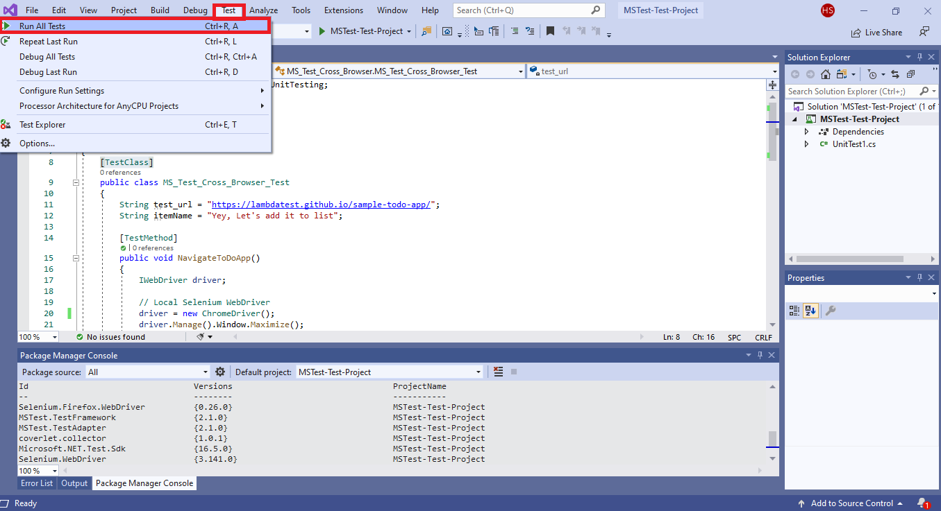 visual studio selenium webdriver