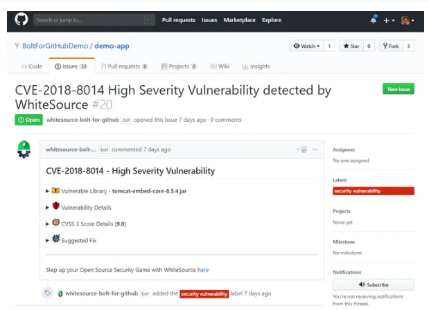 Vulnerabilities detected by WhiteSource Bolt for GitHub