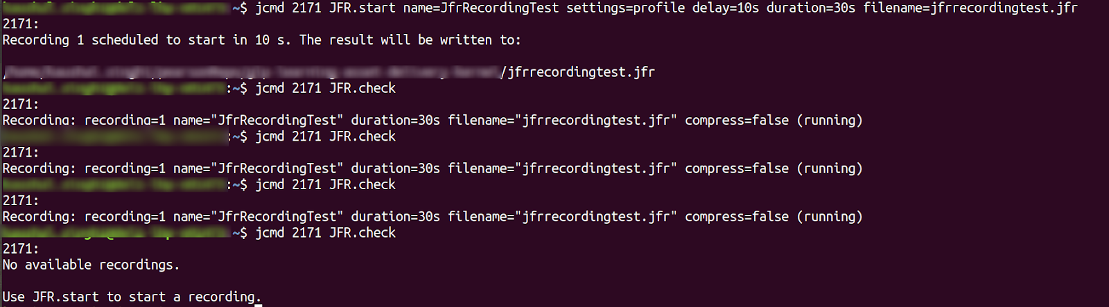jcmd command - JFR.start sample usage