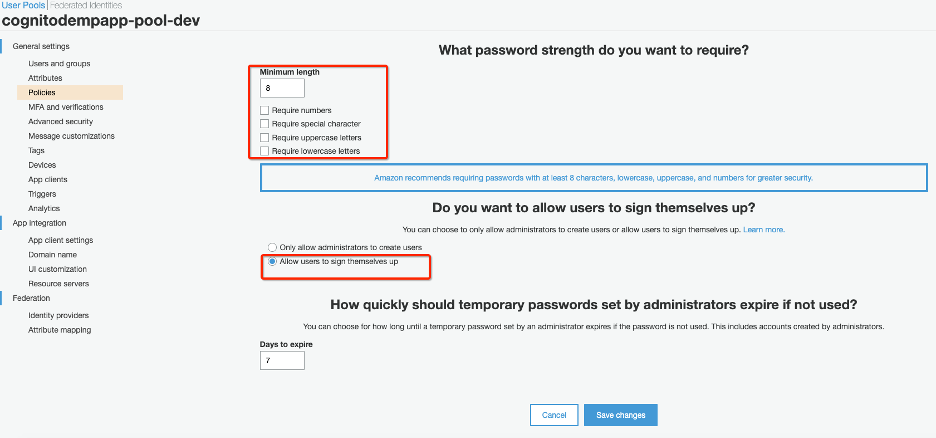 Sign up and authentication configuration
