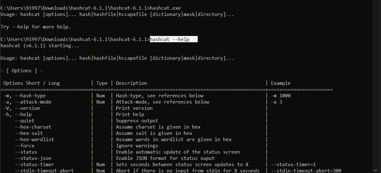 Information from hashcat --help