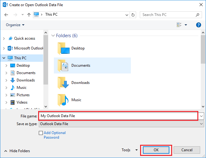 create new pst file