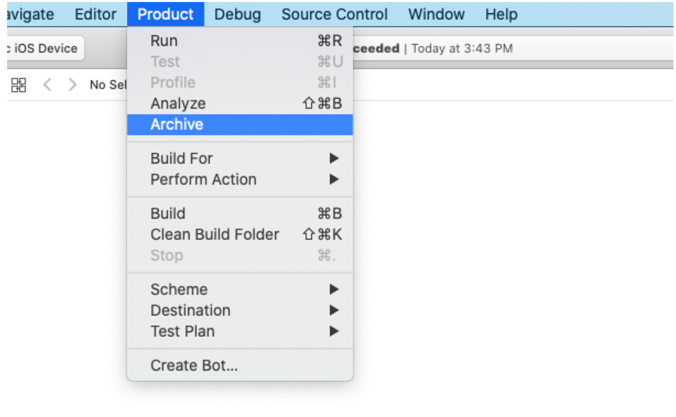 Selecting Archive in XCode