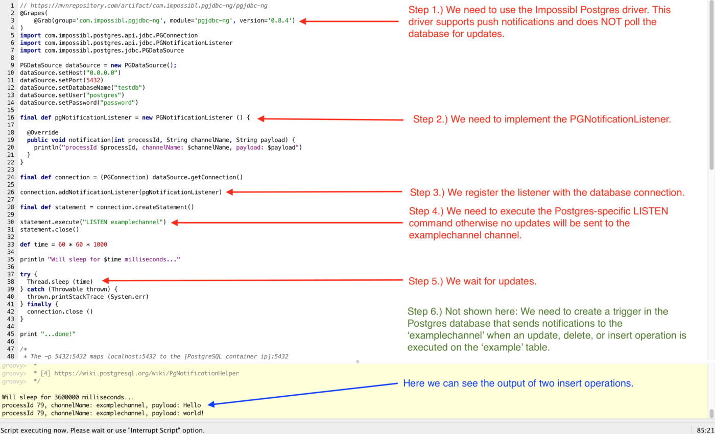 An explanation of the PostgreSQL example running in the Groovy Console.