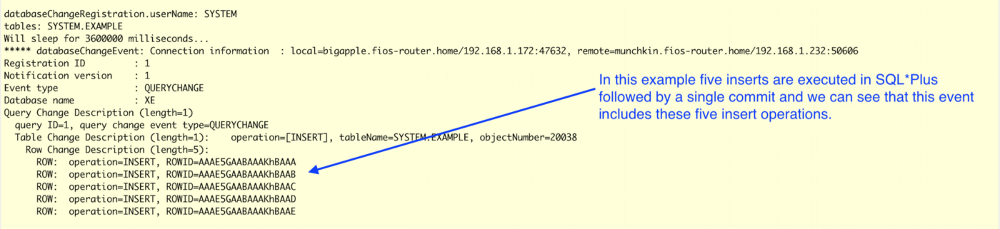 Five inserts are executed in SQL*Plus followed by a single commit and we can see that this event includes these five insert operations.