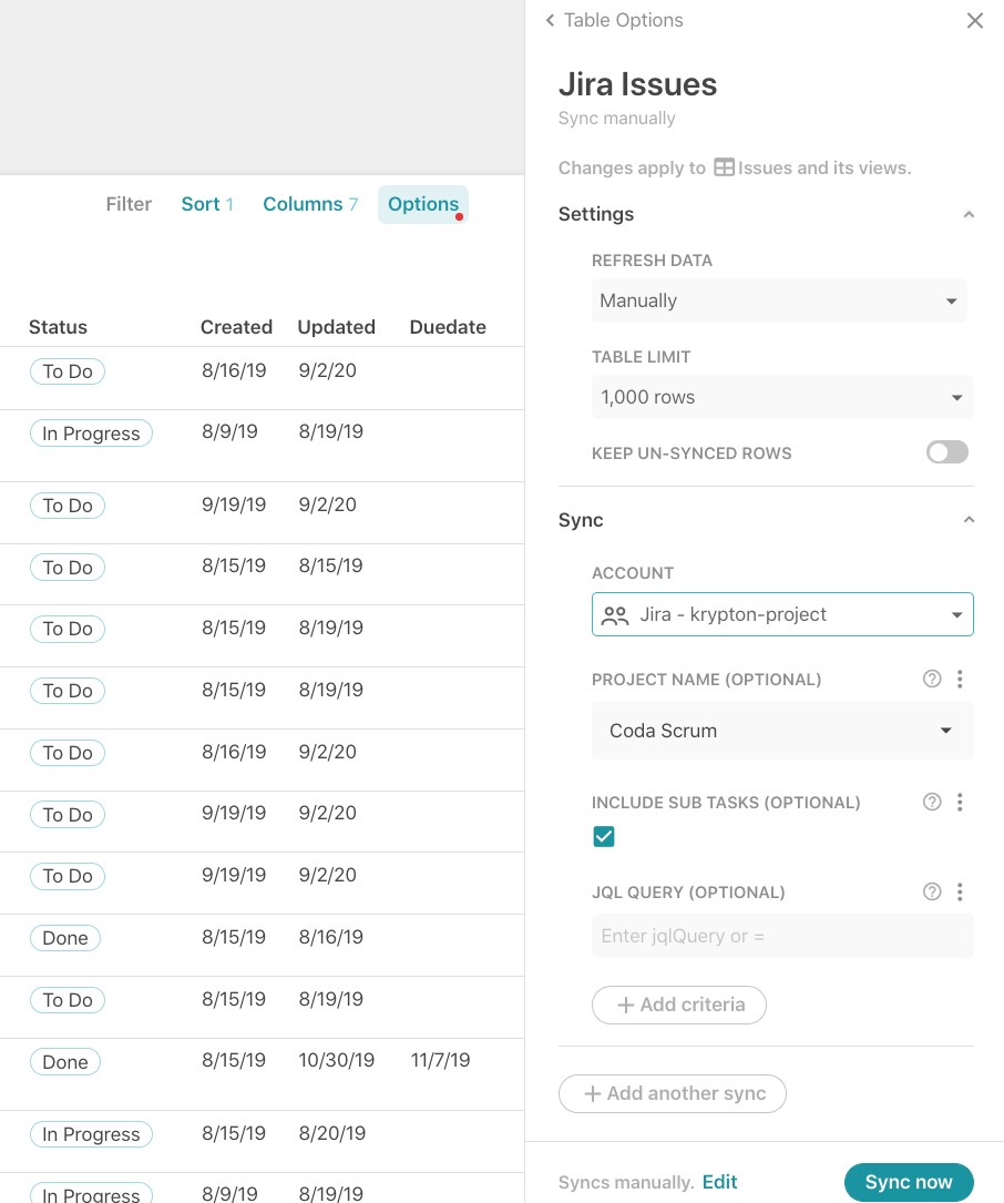 controlling which data is synced with Jira