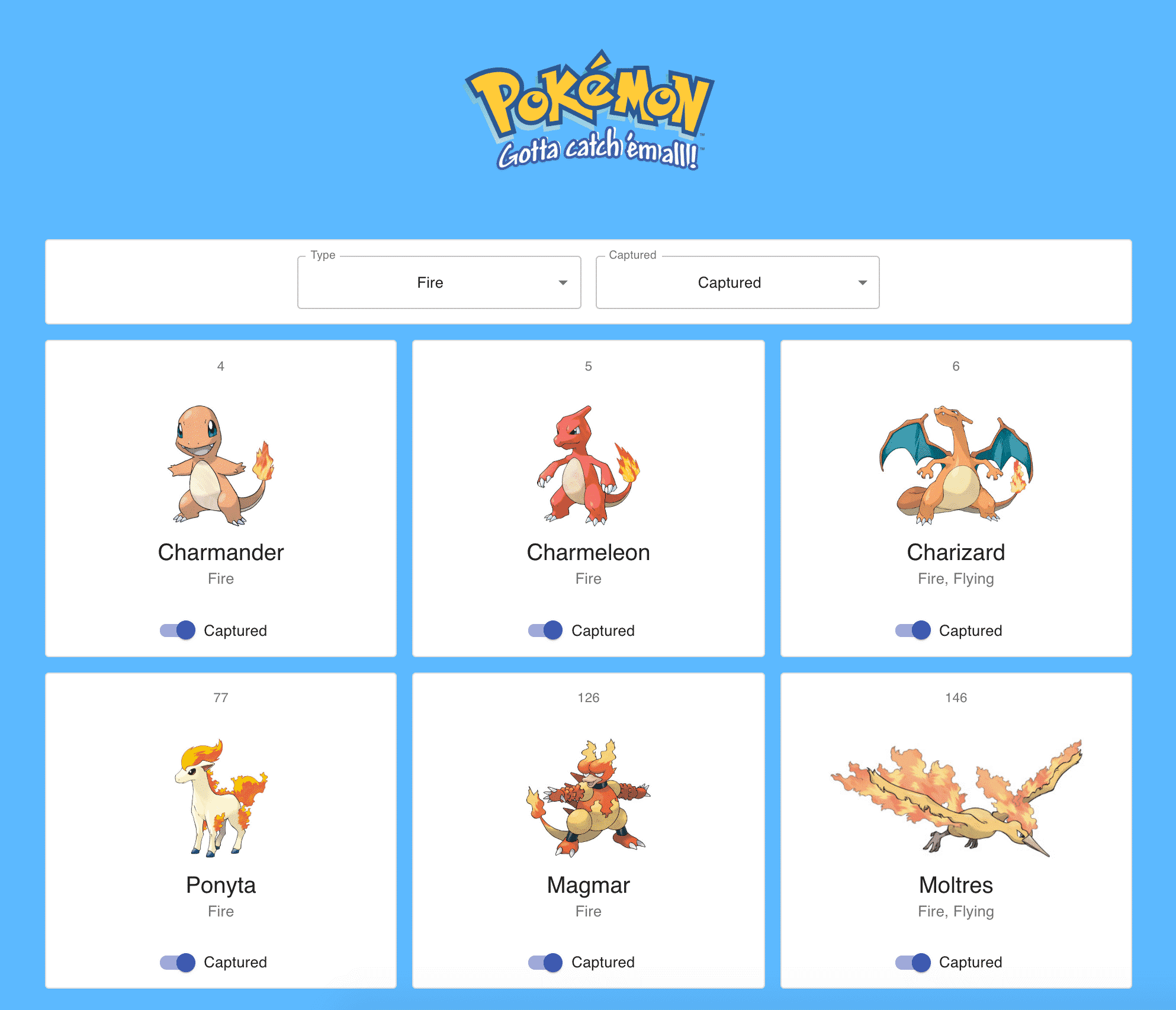 Captured Fire-type Pokémon