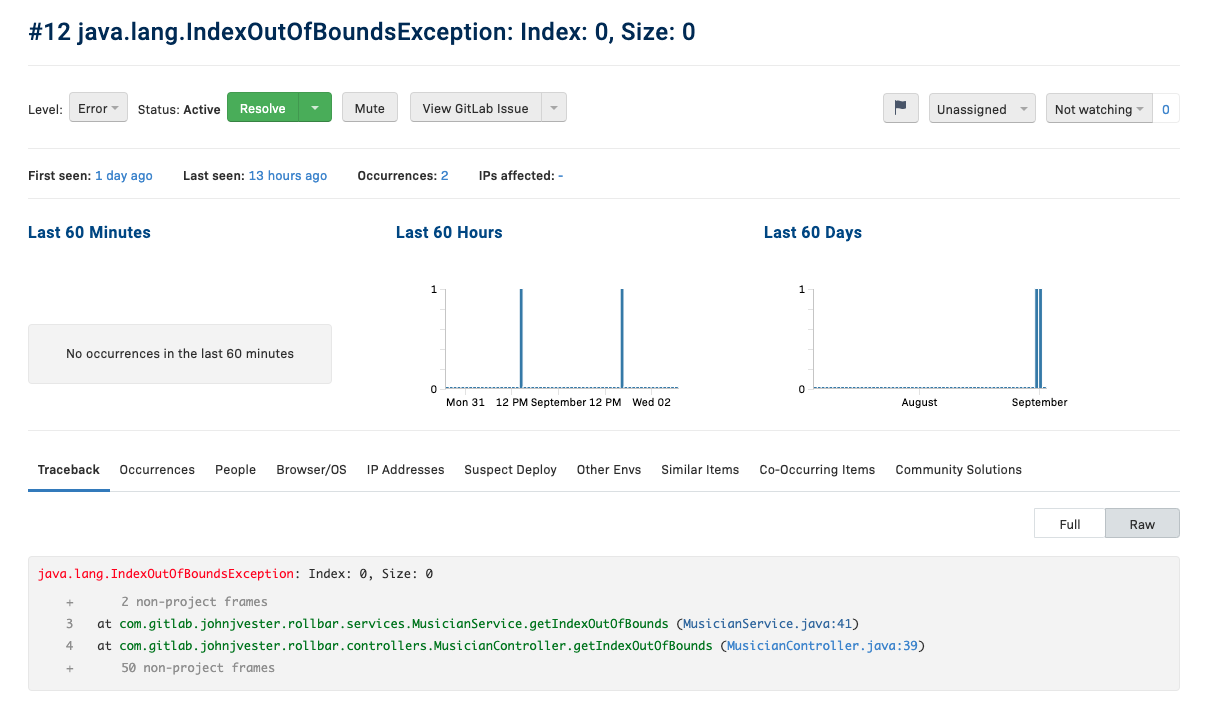 Index out of bounds exception in Rollbar