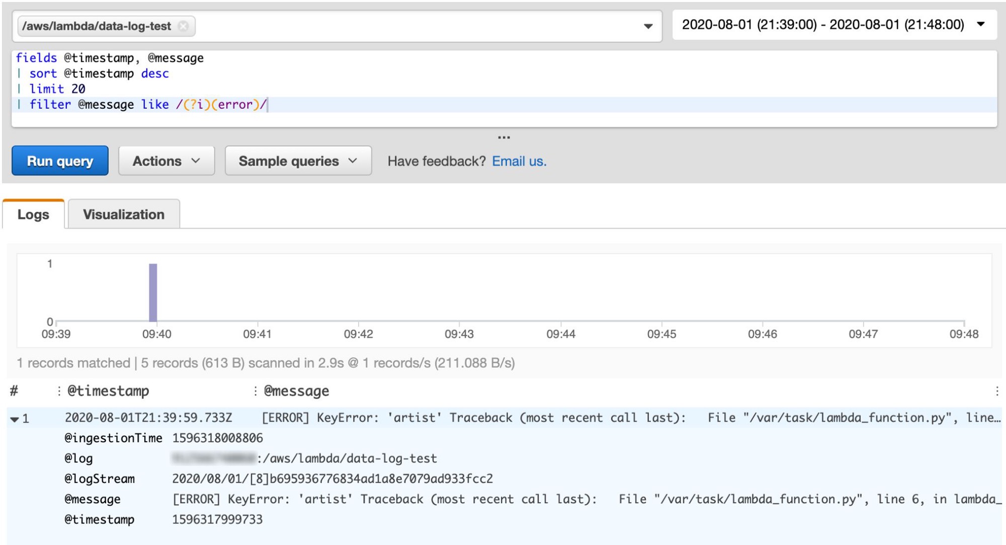 CloudWatch Insights query filtering on errors