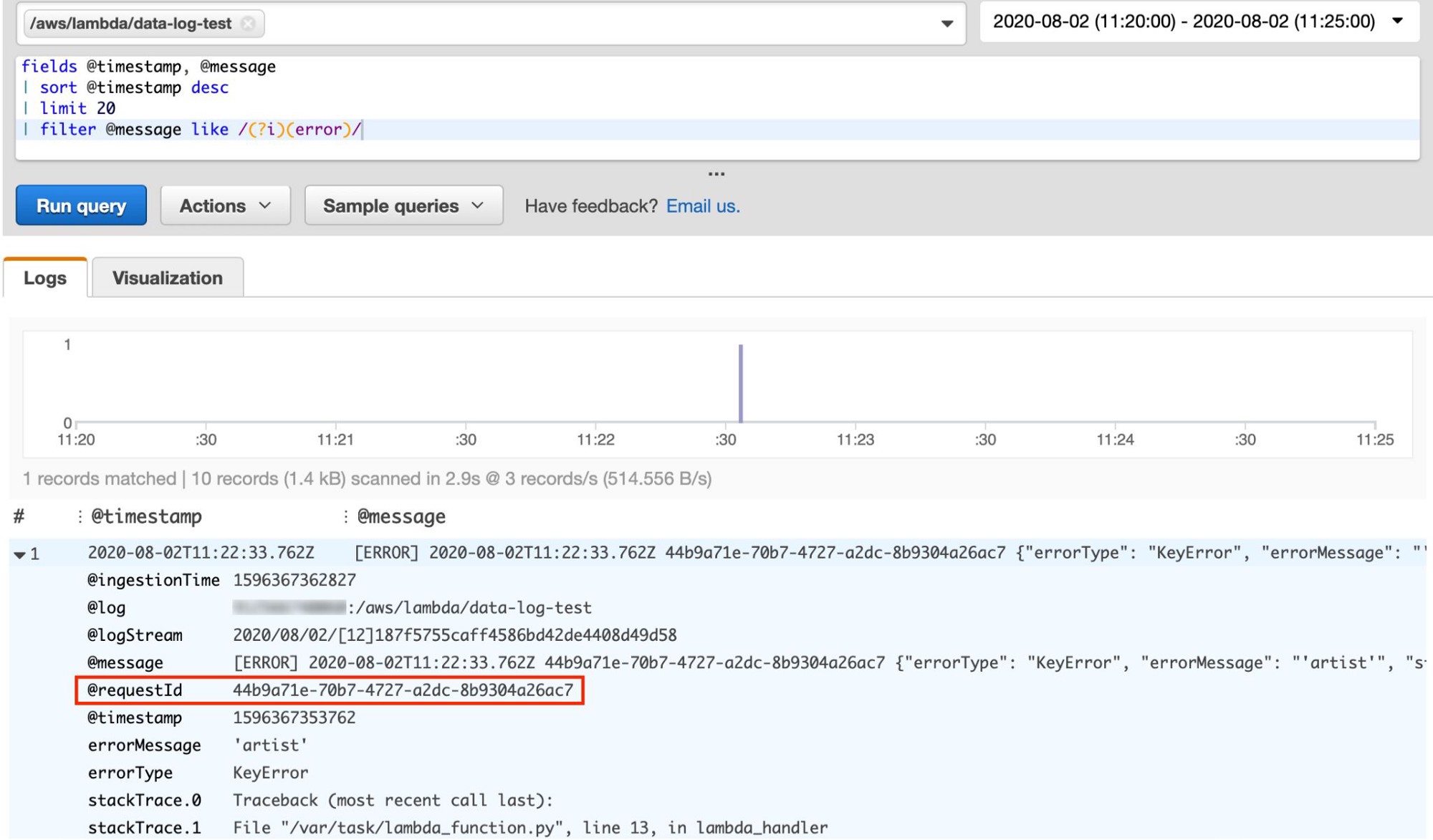 CloudWatch Insights query, again, filtering on errors