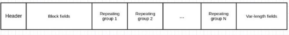 header - block fields - repeating group 1 - repeating group 2 - ... - repeating group N - var-length fields