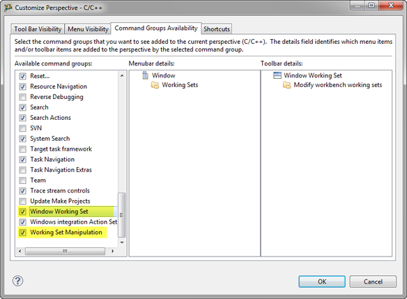 window working set commands