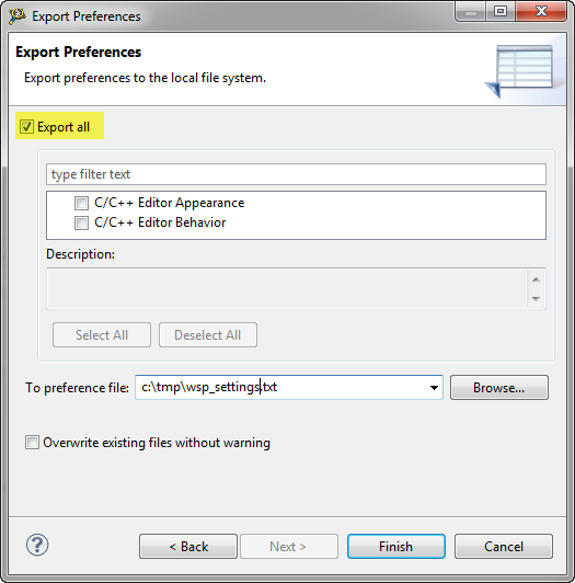exporting all preferences