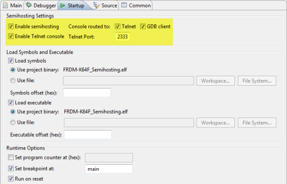 semihosting settings for pne