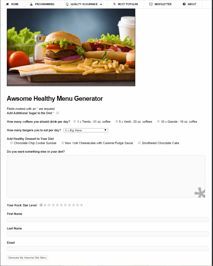 healthy menu generator page