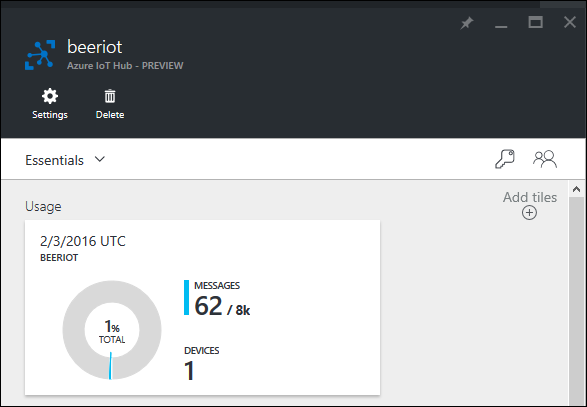 azure iot hub main page showing number of messages and devices