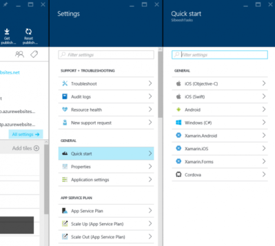 quick start option in azure mobile app