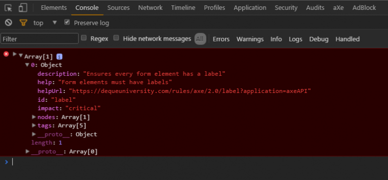 axe - console errors